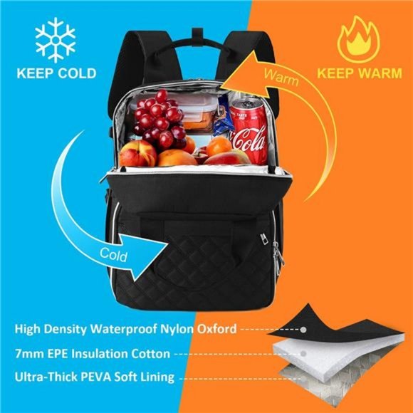 Insulated Lunch Bag for Women Men, Multi Compartment Lunch Backpack (Black) main image 5